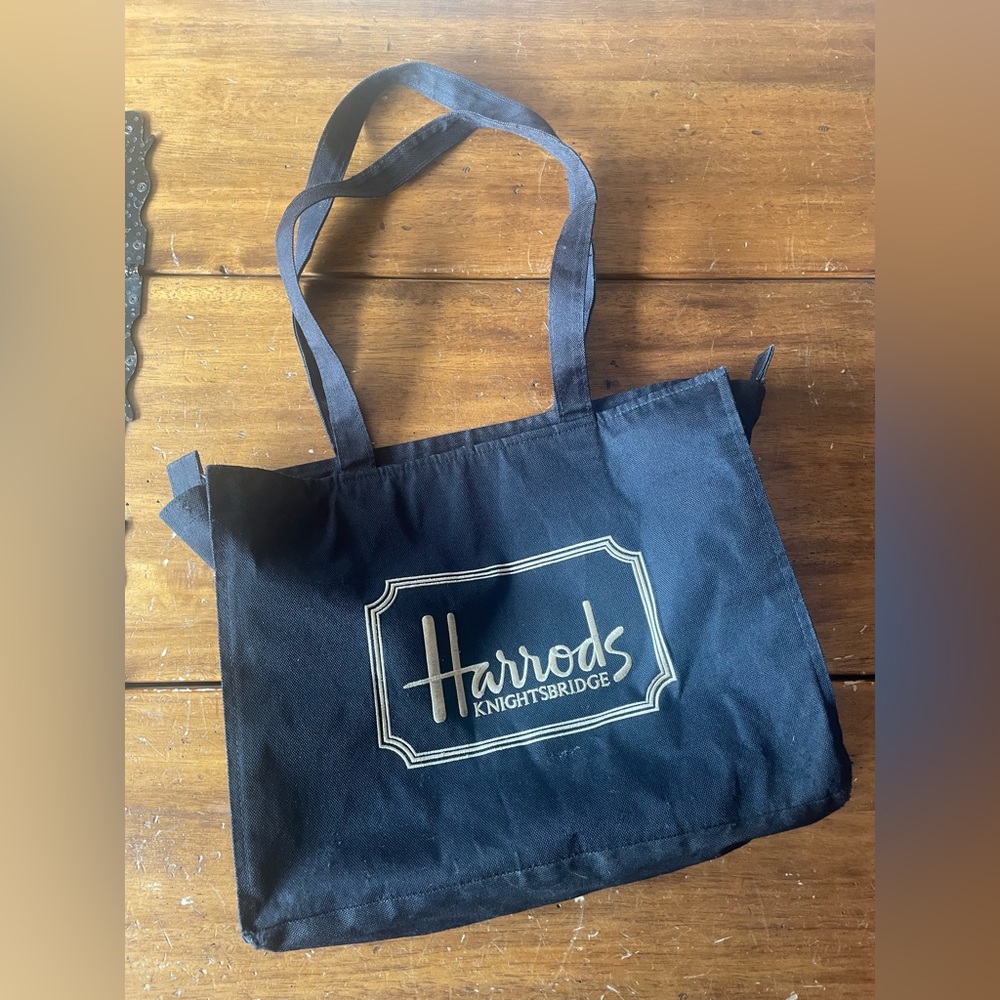 Black Vintage Harrods London Canvas Shoulder Tote Shopping Bag Gold Logo Zipper